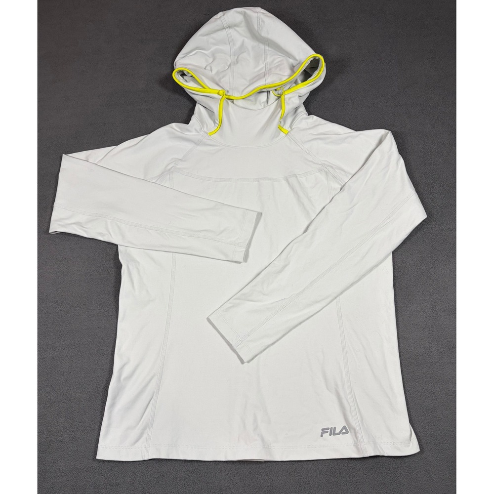 Fila Activewear Hoodie Women Small White Neon Yellow Trim Long Sleeve Pullover
